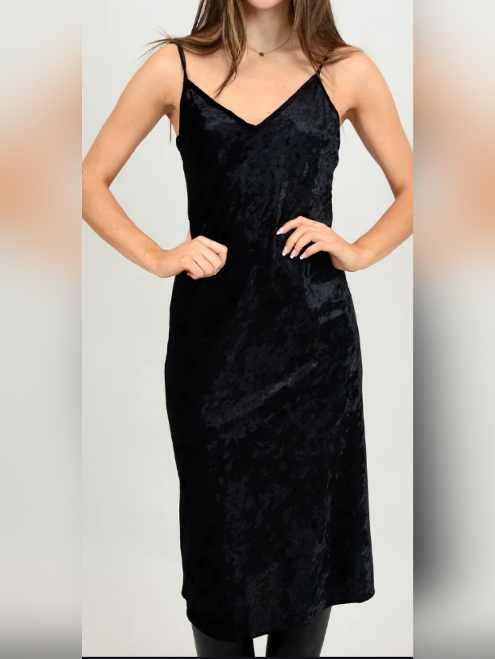 Revamped Black Velvet Midi Slip Dress with Thin‎ Straps